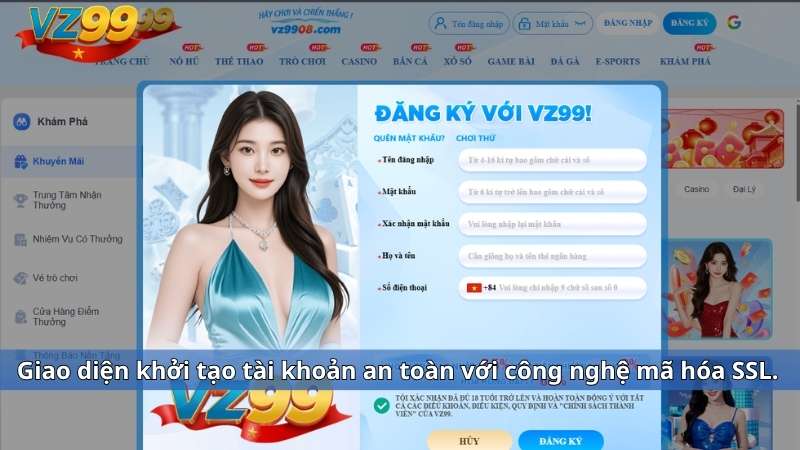 Giao diện khởi tạo tài khoản an toàn với công nghệ mã hóa SSL